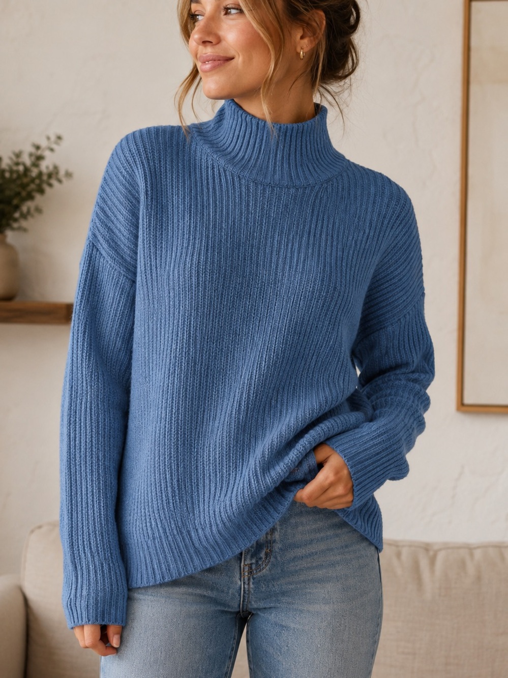 FP Beach Cozy Blue Mock Neck Ribbed Sweater